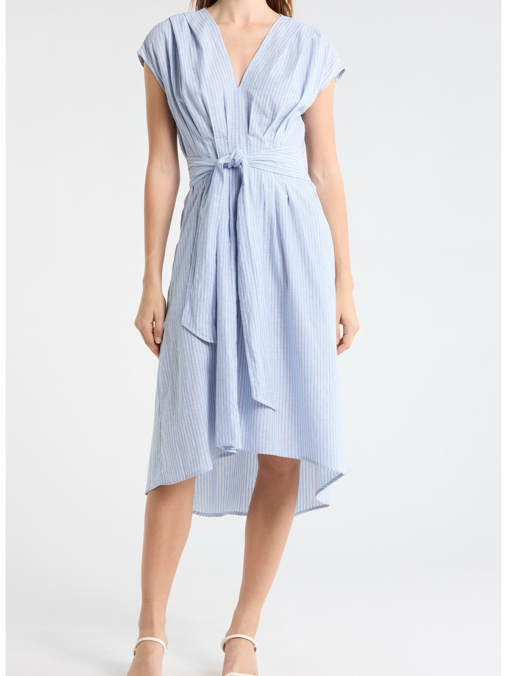 Max Studio Light Blue Striped Tie Front Cotton/Linen  Blend Dress XS